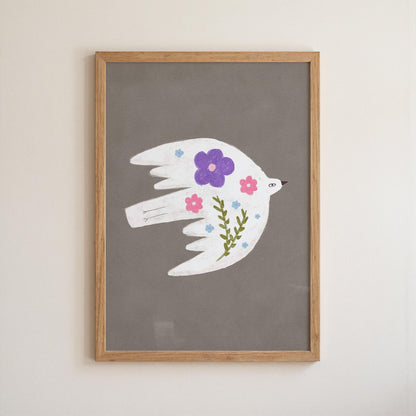 Floral Bird Wall Art Print, Whimsical Bird Illustration, Nursery Kids Room Decor (N199)