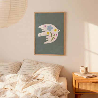 Floral Bird Wall Art Print, Whimsical Bird Illustration, Nursery Kids Room Decor (N199)