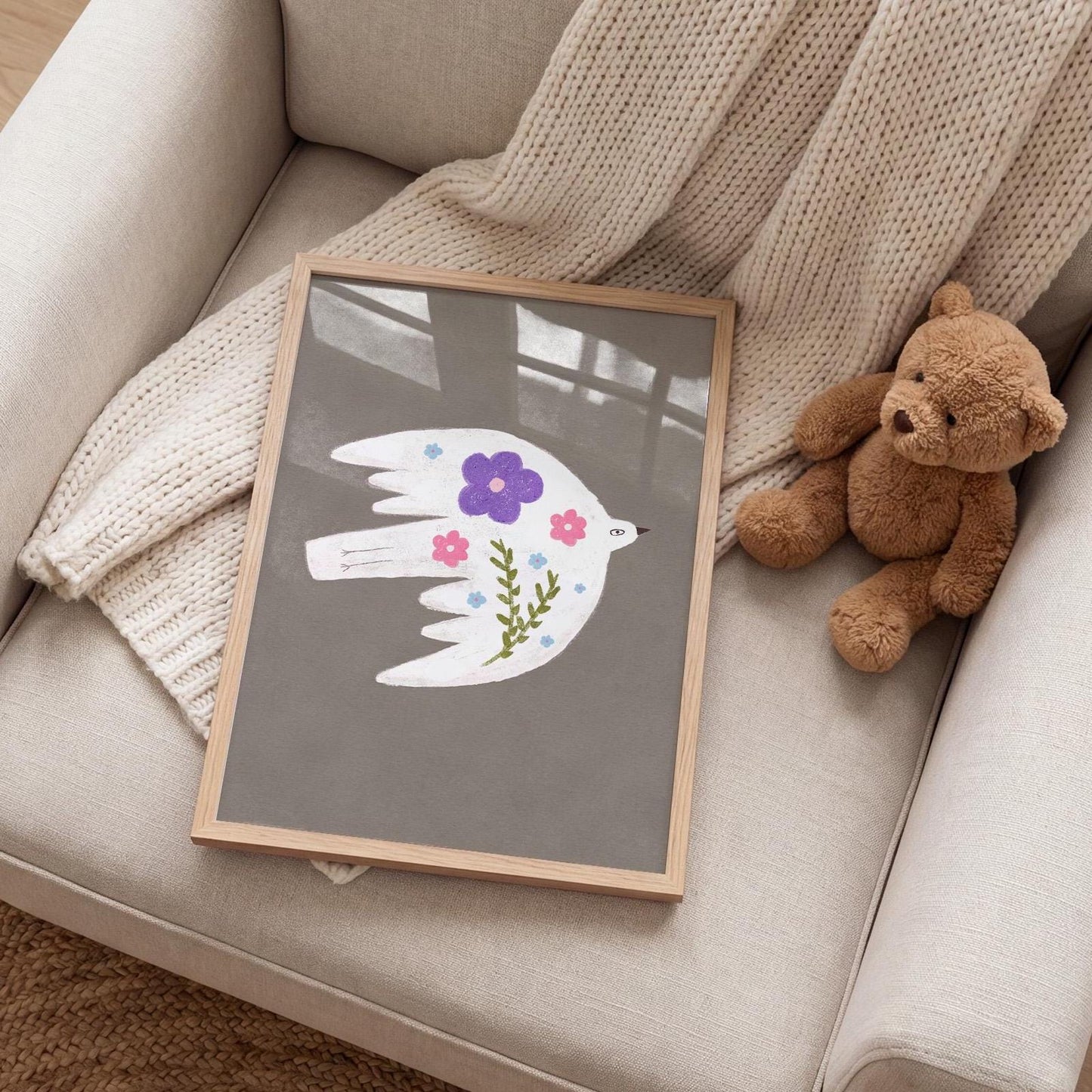 Floral Bird Wall Art Print, Whimsical Bird Illustration, Nursery Kids Room Decor (N199)