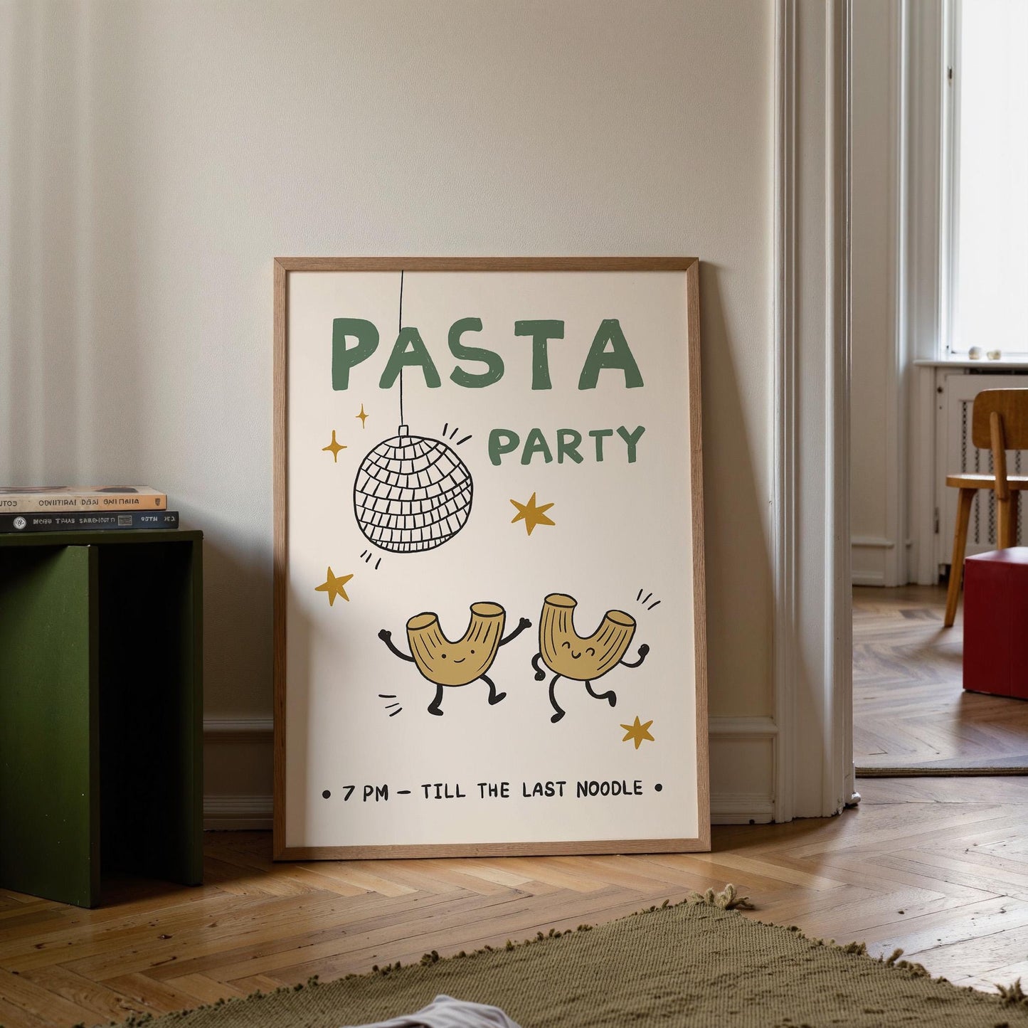 Pasta Party Poster, Funny Food Print, Kitchen Wall Art, Dorm & Bar Cart Decor MR61