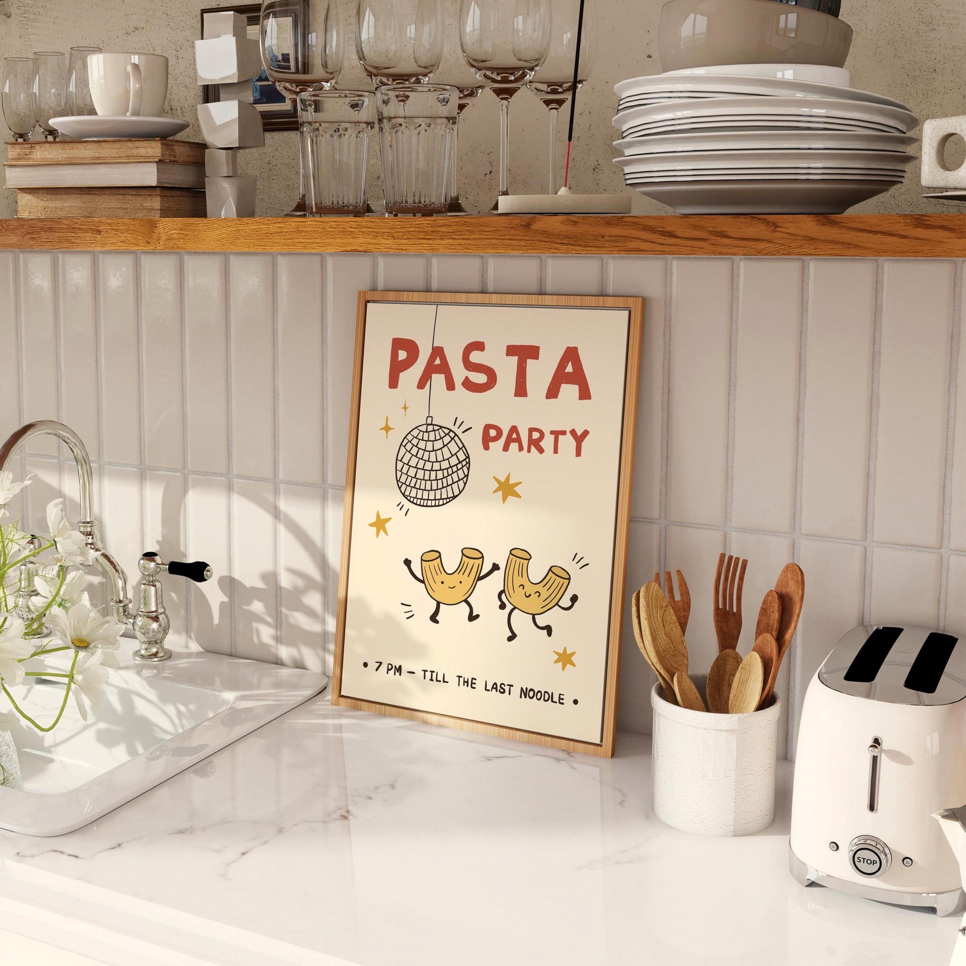 Pasta Party Poster, Funny Food Print, Kitchen Wall Art, Dorm & Bar Cart Decor MR61