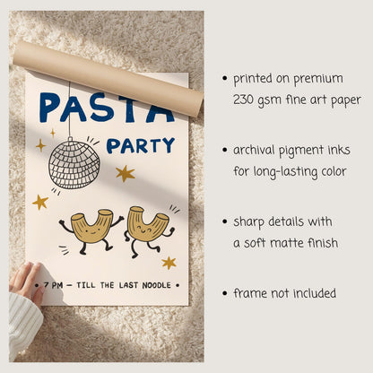 Pasta Party Poster, Funny Food Print, Kitchen Wall Art, Dorm & Bar Cart Decor MR61
