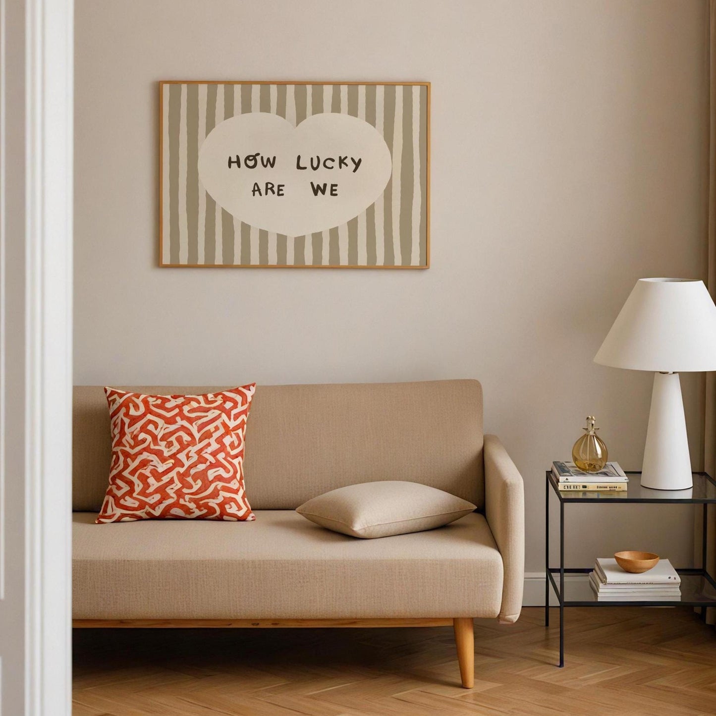 How Lucky Are We Print, Striped Heart Trendy Quote Wall Art, Home Decor (Unframed) MR59