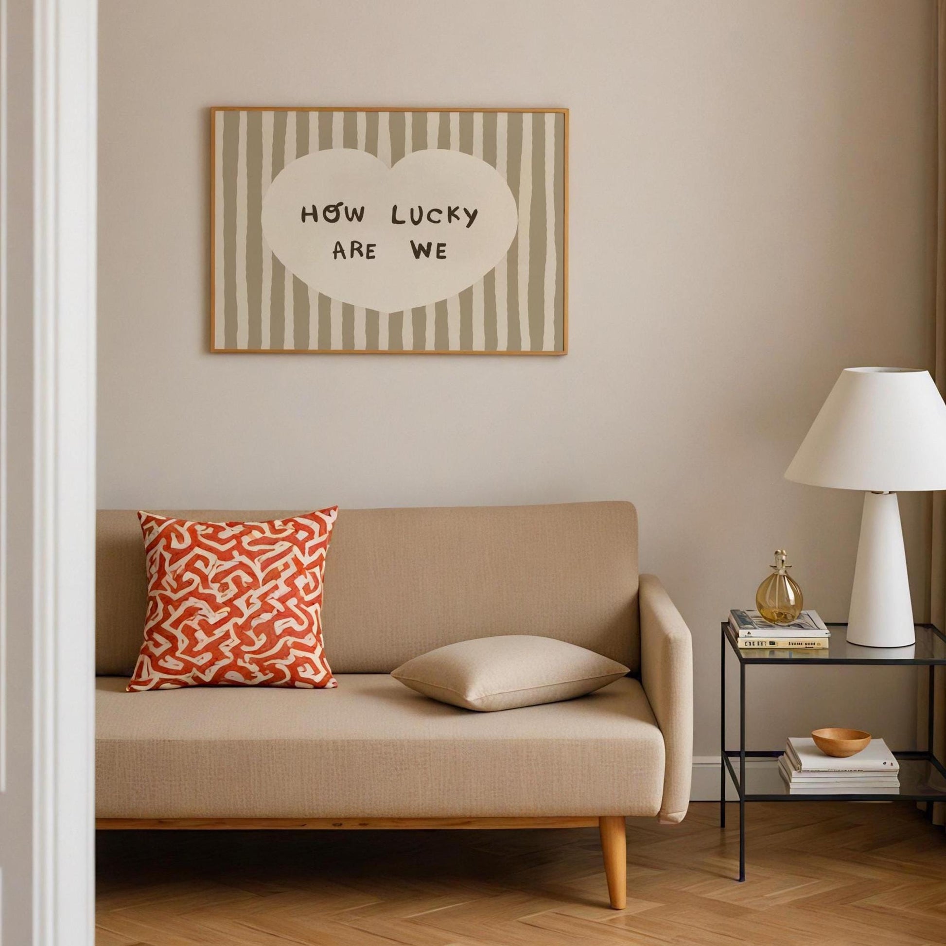 How Lucky Are We Print, Striped Heart Trendy Quote Wall Art, Home Decor (Unframed) MR59