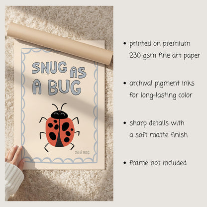 Snug As A Bug Print, Ladybug Nursery Poster, Kids Playroom Decor MR10