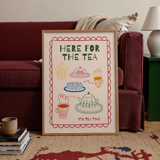 Kitchen Wall Art, Retro Tea Poster, Funny Dessert Print, Whimsical Mid Century Café Decor MR19