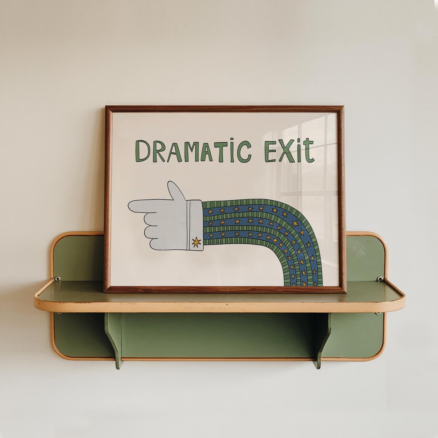 Dramatic Exit Print, Whimsical Retro Doodle Poster, Left-Pointing Hand Wall Art for Entryway or Living Room, Unframed MR47