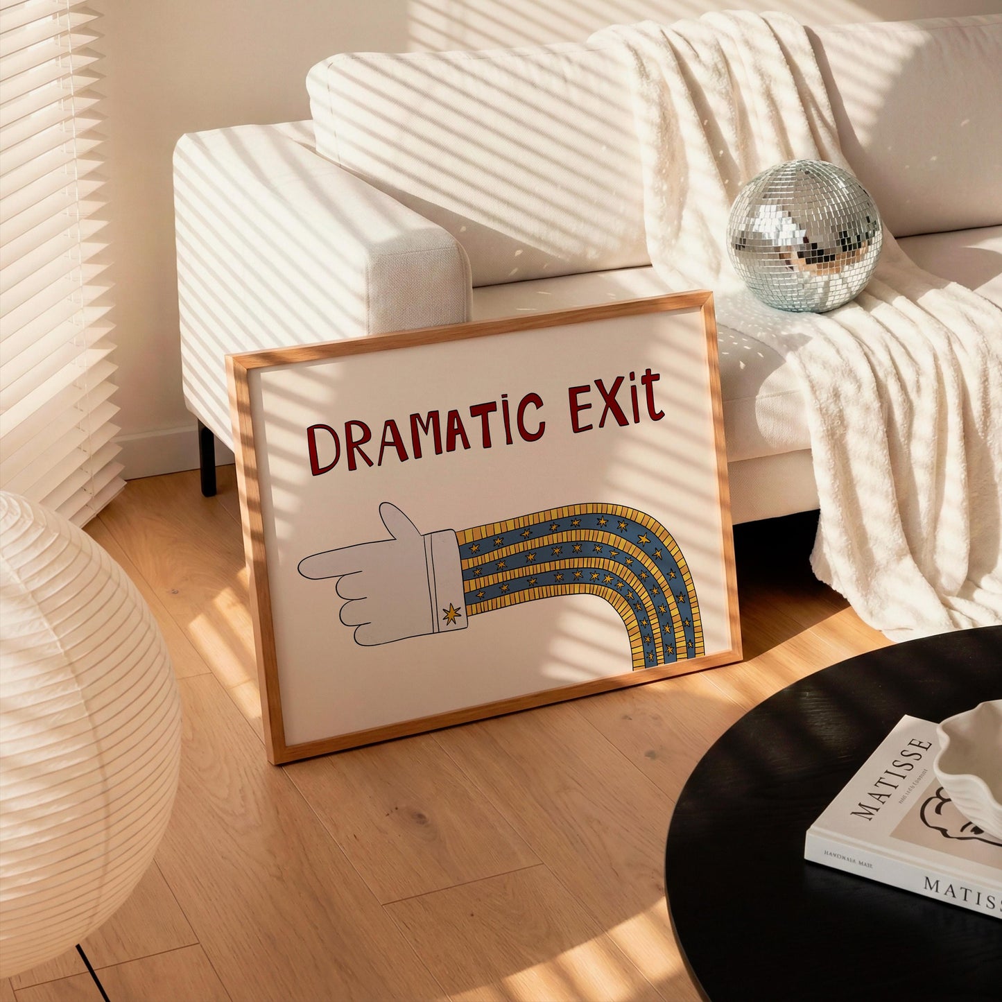 Dramatic Exit Print, Whimsical Retro Doodle Poster, Left-Pointing Hand Wall Art for Entryway or Living Room, Unframed MR47