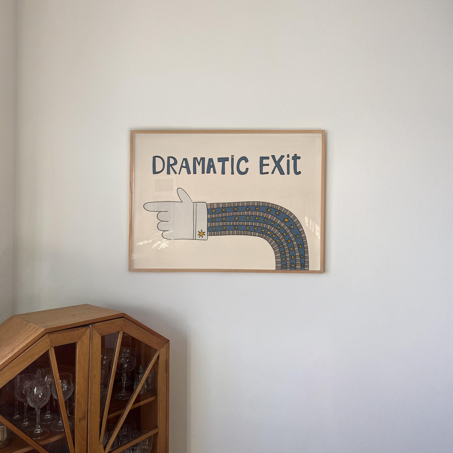 Dramatic Exit Print, Whimsical Retro Doodle Poster, Left-Pointing Hand Wall Art for Entryway or Living Room, Unframed MR47