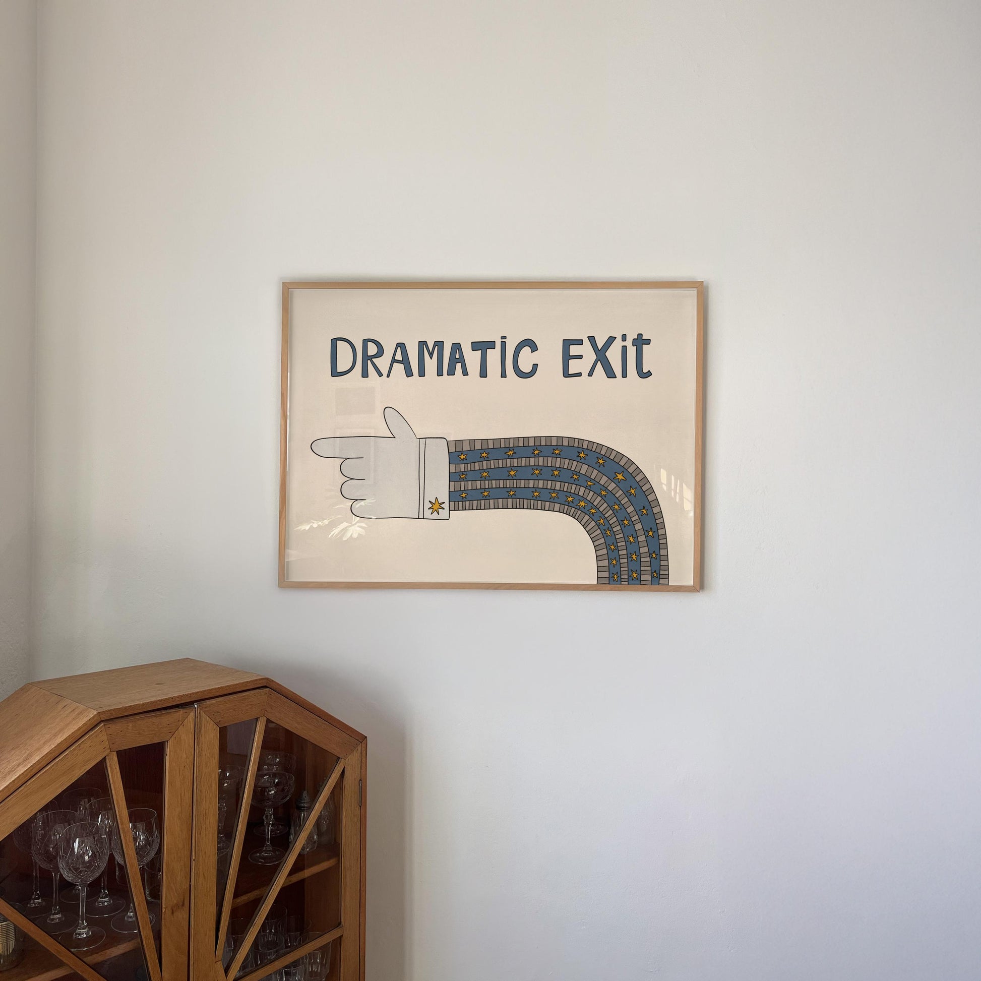 Dramatic Exit Print, Whimsical Retro Doodle Poster, Left-Pointing Hand Wall Art for Entryway or Living Room, Unframed MR47