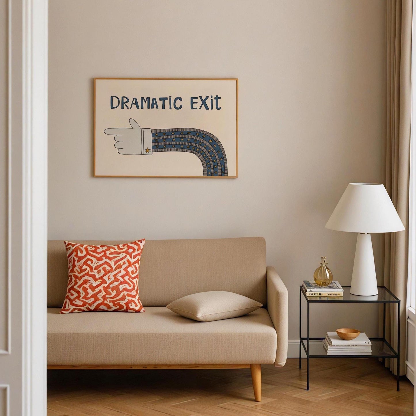 Dramatic Exit Print, Whimsical Retro Doodle Poster, Left-Pointing Hand Wall Art for Entryway or Living Room, Unframed MR47