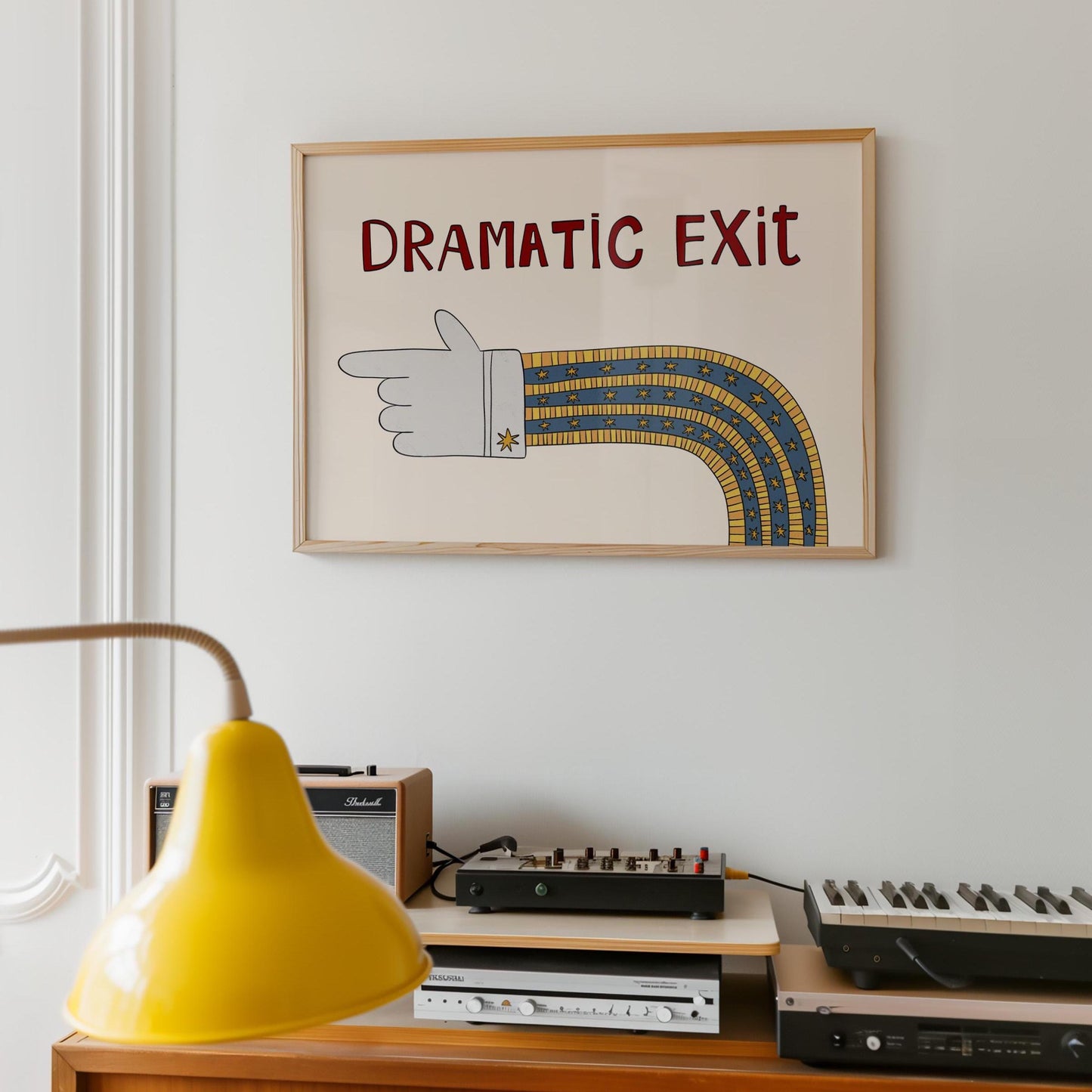 Dramatic Exit Print, Whimsical Retro Doodle Poster, Left-Pointing Hand Wall Art for Entryway or Living Room, Unframed MR47