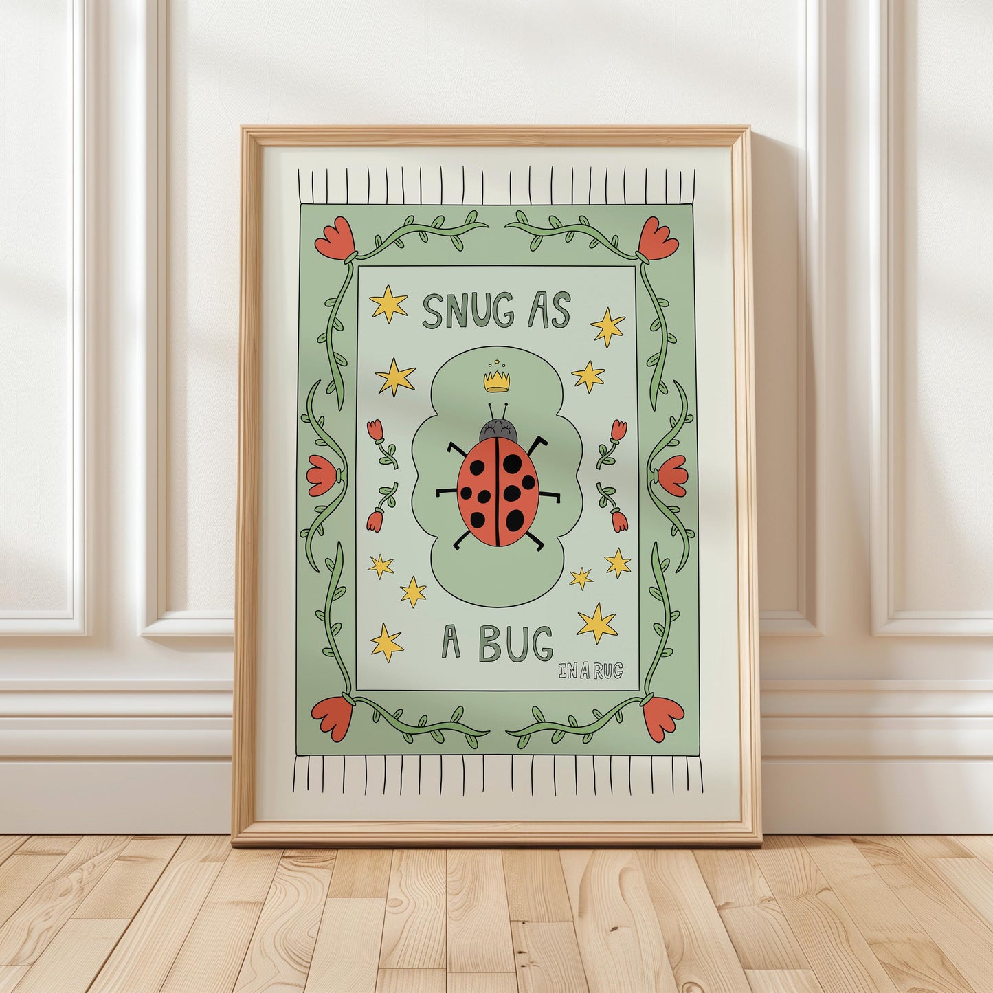 Snug as a Bug in A Rug Poster, Ladybug Nursery Print: Hand-Drawn Whimsical Kids Wall Art MR23