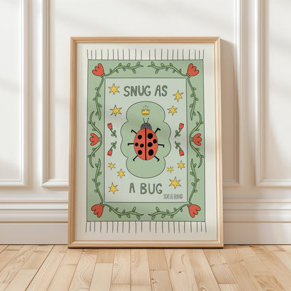 Snug as a Bug in A Rug Poster, Ladybug Nursery Print: Hand-Drawn Whimsical Kids Wall Art MR23