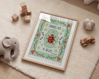 Snug as a Bug in A Rug Poster, Ladybug Nursery Print: Hand-Drawn Whimsical Kids Wall Art MR23