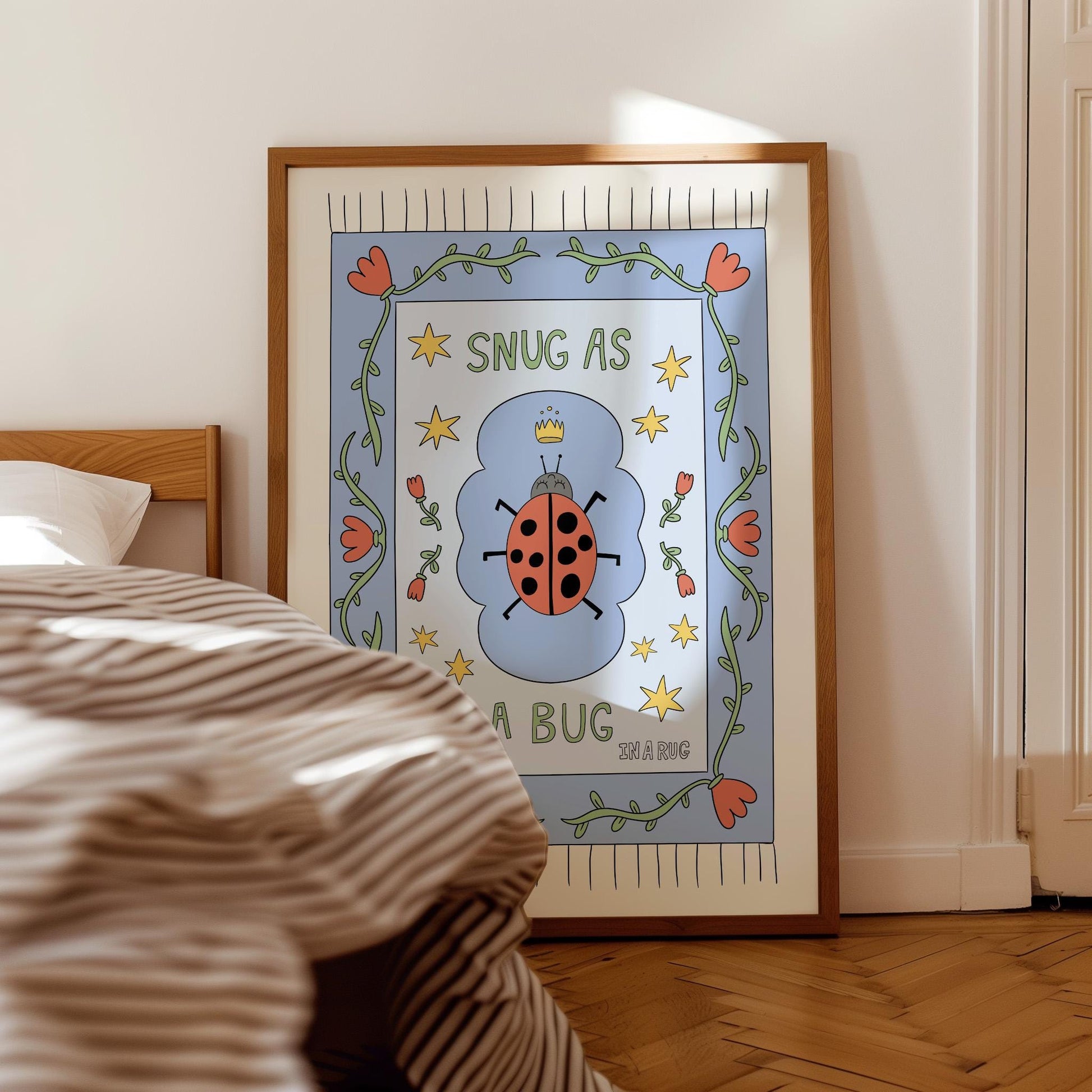 Snug as a Bug in A Rug Poster, Ladybug Nursery Print: Hand-Drawn Whimsical Kids Wall Art MR23