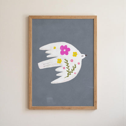 Floral Bird Wall Art Print, Whimsical Bird Illustration, Nursery Kids Room Decor (N199)