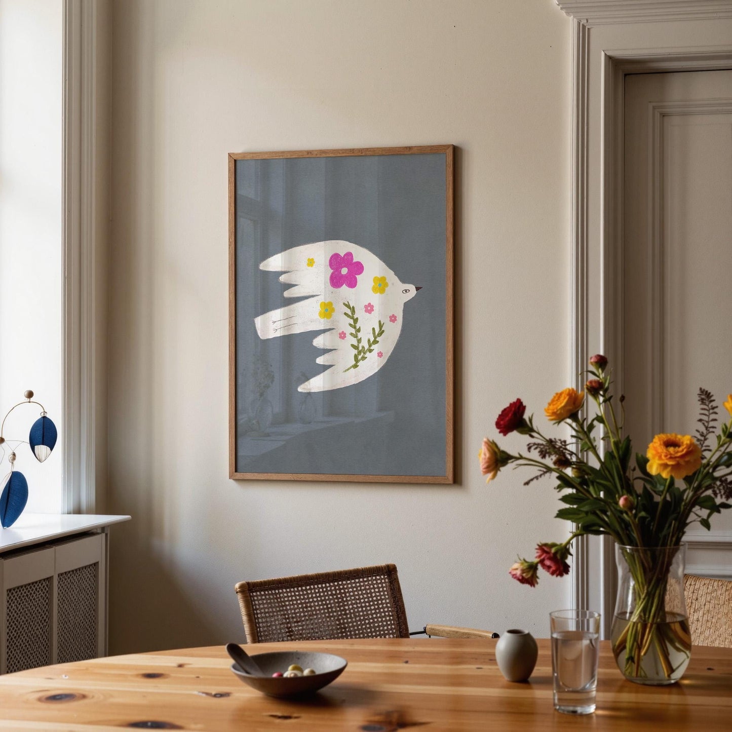 Floral Bird Wall Art Print, Whimsical Bird Illustration, Nursery Kids Room Decor (N199)
