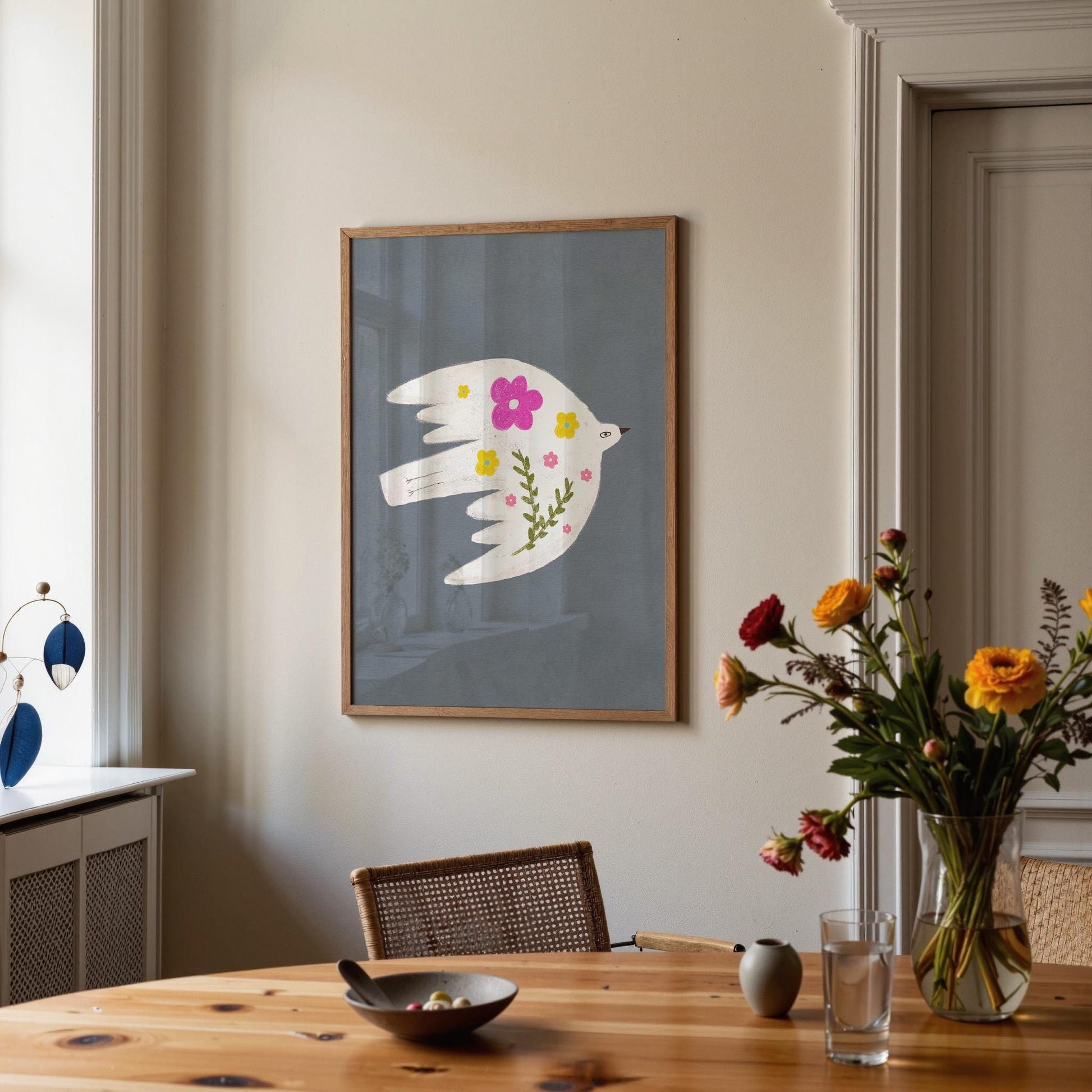 Floral Bird Wall Art Print, Whimsical Bird Illustration, Nursery Kids Room Decor (N199)
