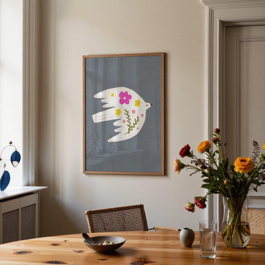Floral Bird Wall Art Print, Whimsical Bird Illustration, Nursery Kids Room Decor (N199)