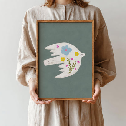 Floral Bird Wall Art Print, Whimsical Bird Illustration, Nursery Kids Room Decor (N199)
