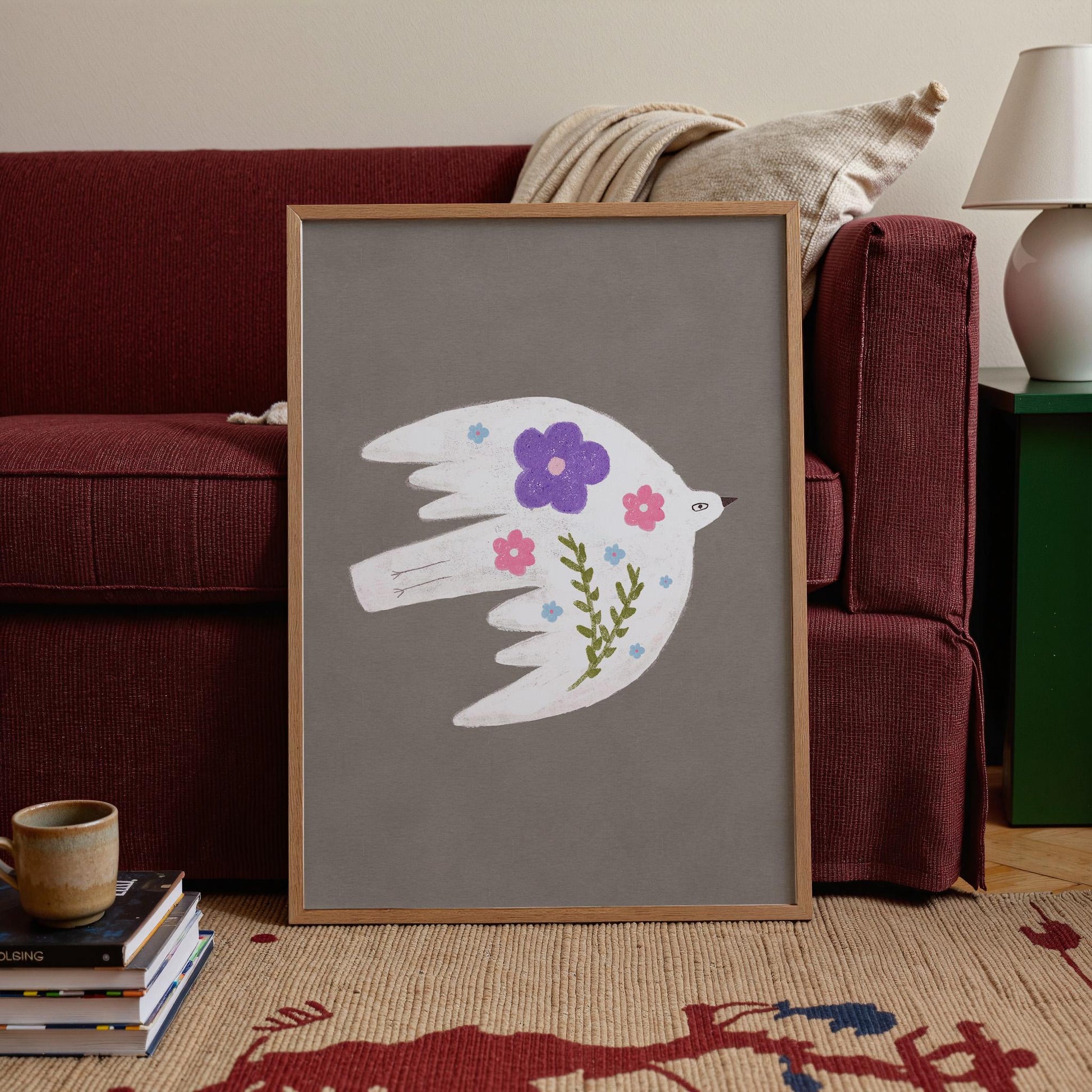 Floral Bird Wall Art Print, Whimsical Bird Illustration, Nursery Kids Room Decor (N199)