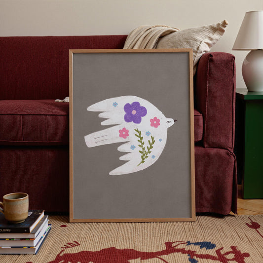 Floral Bird Wall Art Print, Whimsical Bird Illustration, Nursery Kids Room Decor (N199)