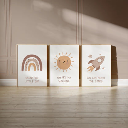 Boho Nursery Wall Art Set, Rainbow, Sun, Rocket Prints N241