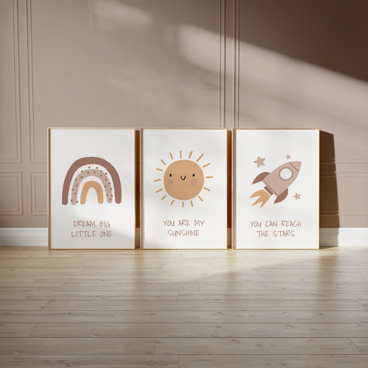 Boho Nursery Wall Art Set, Rainbow, Sun, Rocket Prints N241