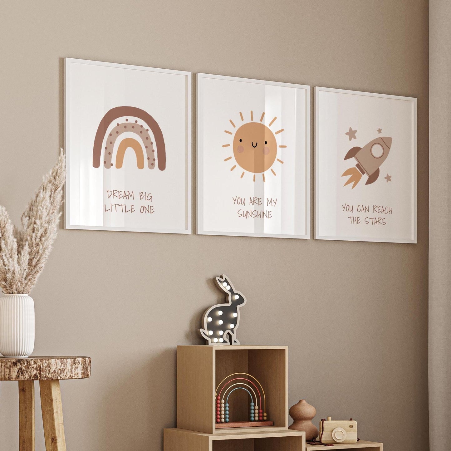 Boho Nursery Wall Art Set, Rainbow, Sun, Rocket Prints N241