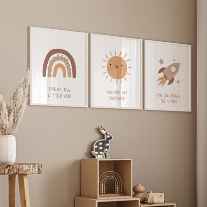 Boho Nursery Wall Art Set, Rainbow, Sun, Rocket Prints N241