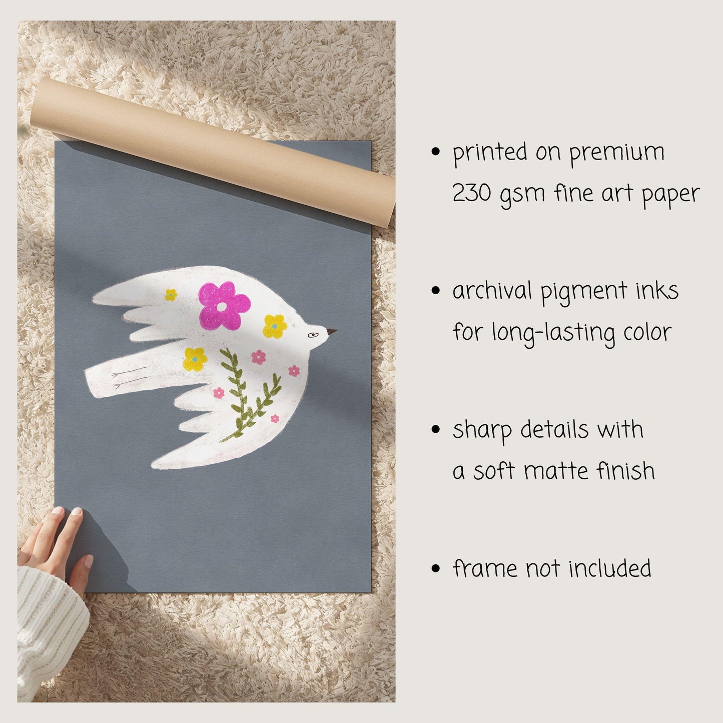 Floral Bird Wall Art Print, Whimsical Bird Illustration, Nursery Kids Room Decor (N199)