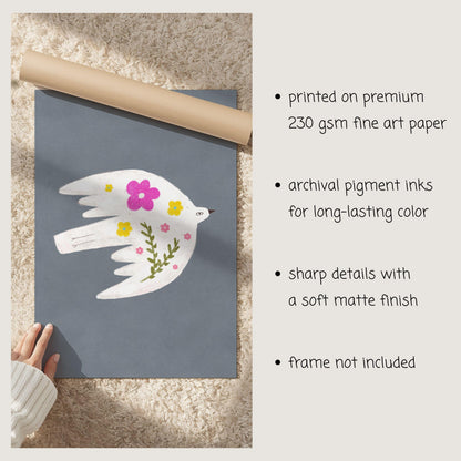Floral Bird Wall Art Print, Whimsical Bird Illustration, Nursery Kids Room Decor (N199)