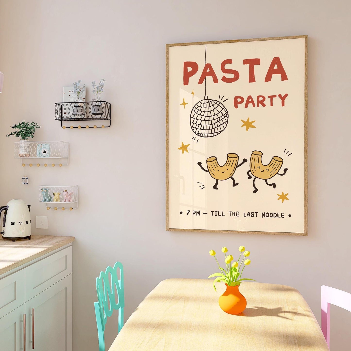 Pasta Party Poster, Funny Food Print, Kitchen Wall Art, Dorm & Bar Cart Decor MR61