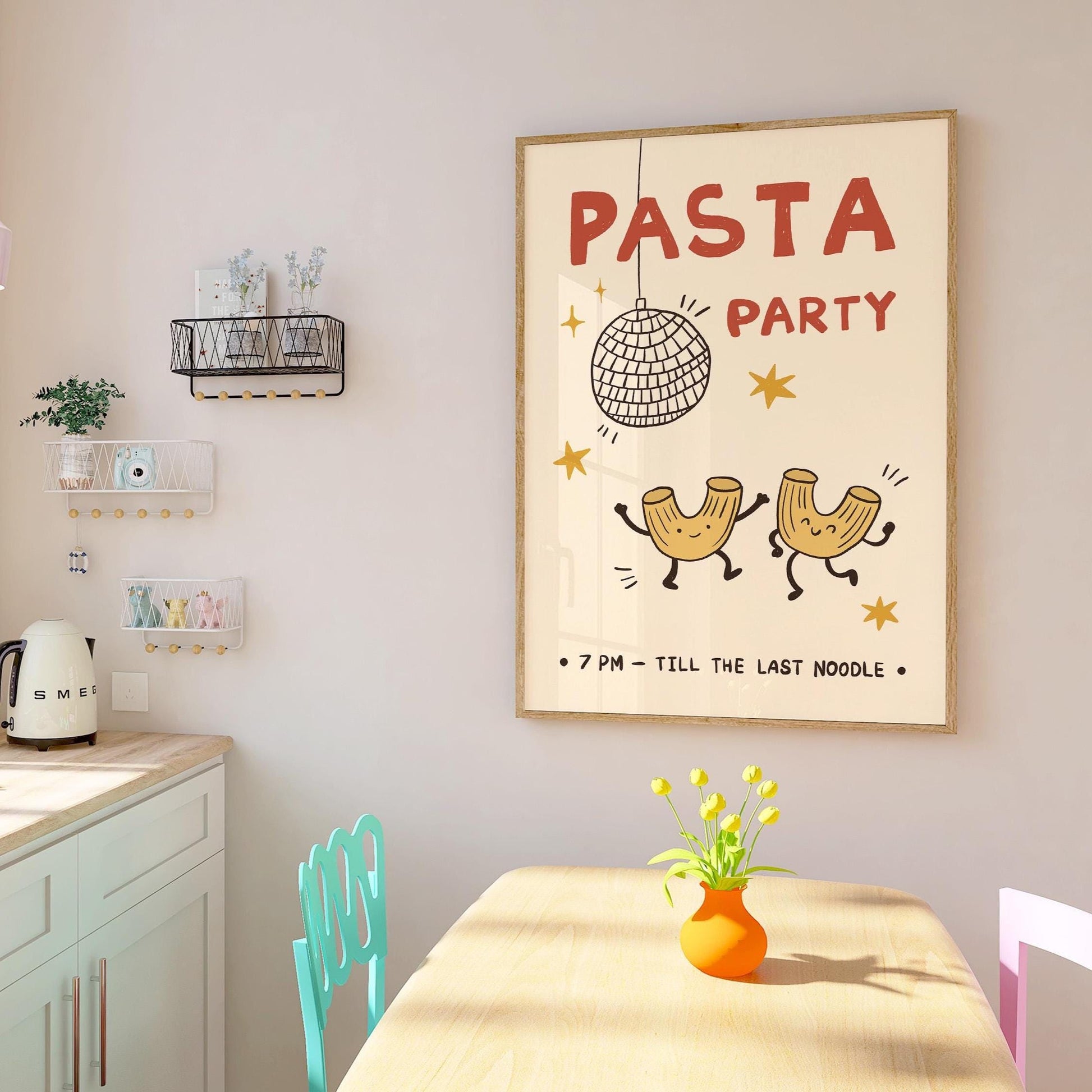 Pasta Party Poster, Funny Food Print, Kitchen Wall Art, Dorm & Bar Cart Decor MR61