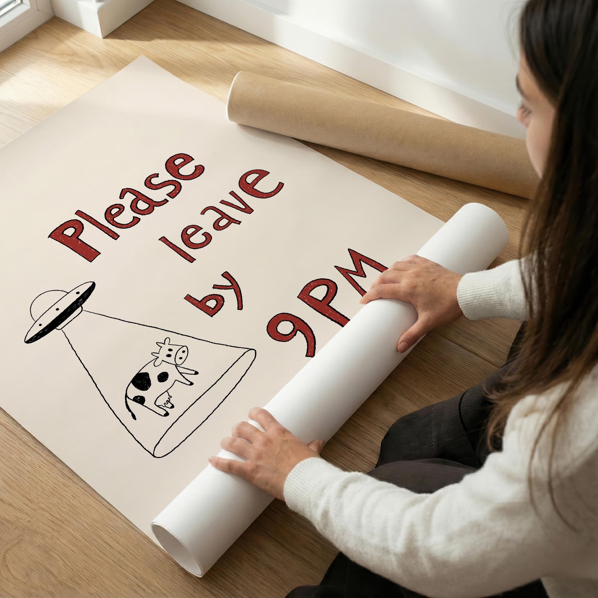 Please Leave by 9PM Poster – UFO Cow Art Print, Quirky Home Decor MR29