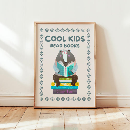 Cool Kids Read Books Print, Reading Poster, Kids Book Nook Art MR17