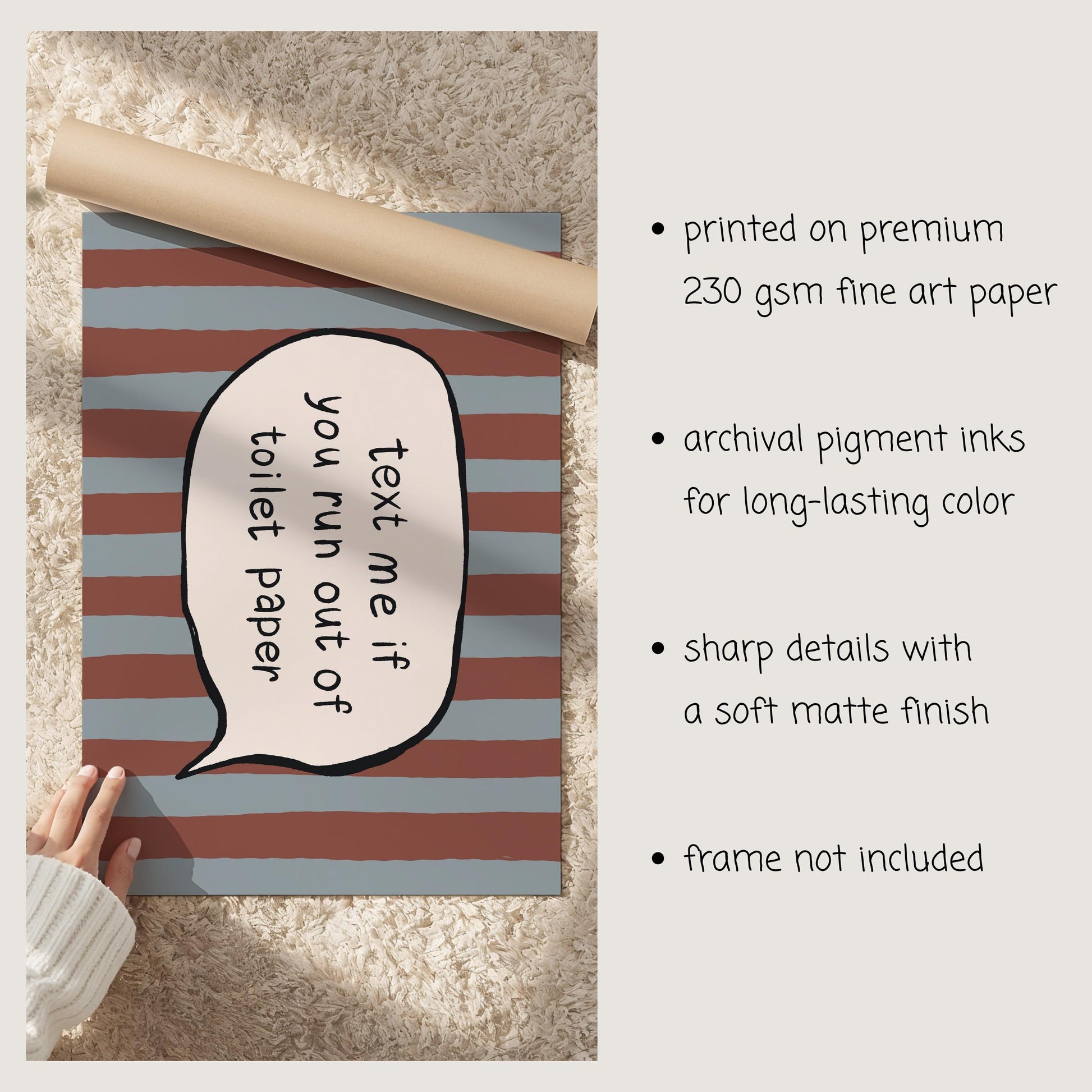 Text Me Toilet Paper Print, Funny Striped Bathroom Wall Art, Dopamine Decor, UNFRAMED MR113
