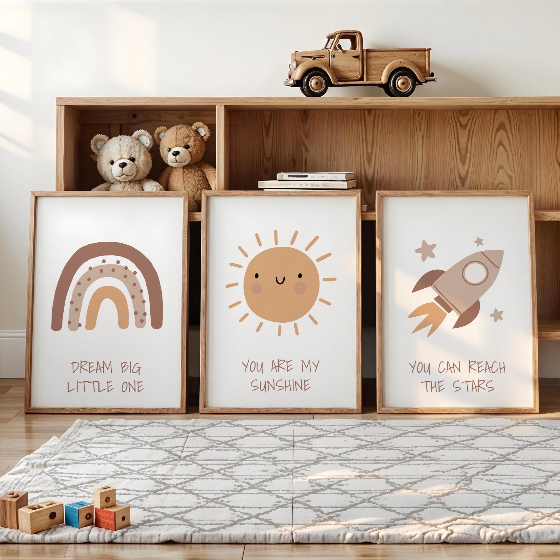 Boho Nursery Wall Art Set, Rainbow, Sun, Rocket Prints N241
