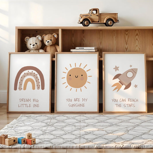 Boho Nursery Wall Art Set, Rainbow, Sun, Rocket Prints N241