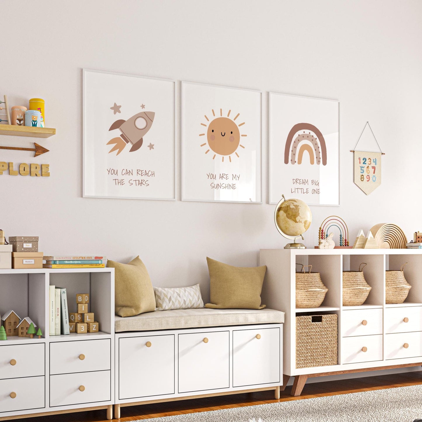 Boho Nursery Wall Art Set, Rainbow, Sun, Rocket Prints N241