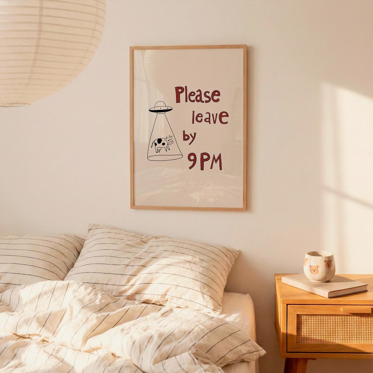 Please Leave by 9PM Poster – UFO Cow Art Print, Quirky Home Decor MR29