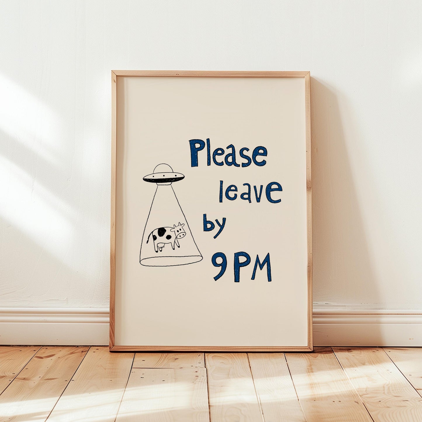 Please Leave by 9PM Poster – UFO Cow Art Print, Quirky Home Decor MR29