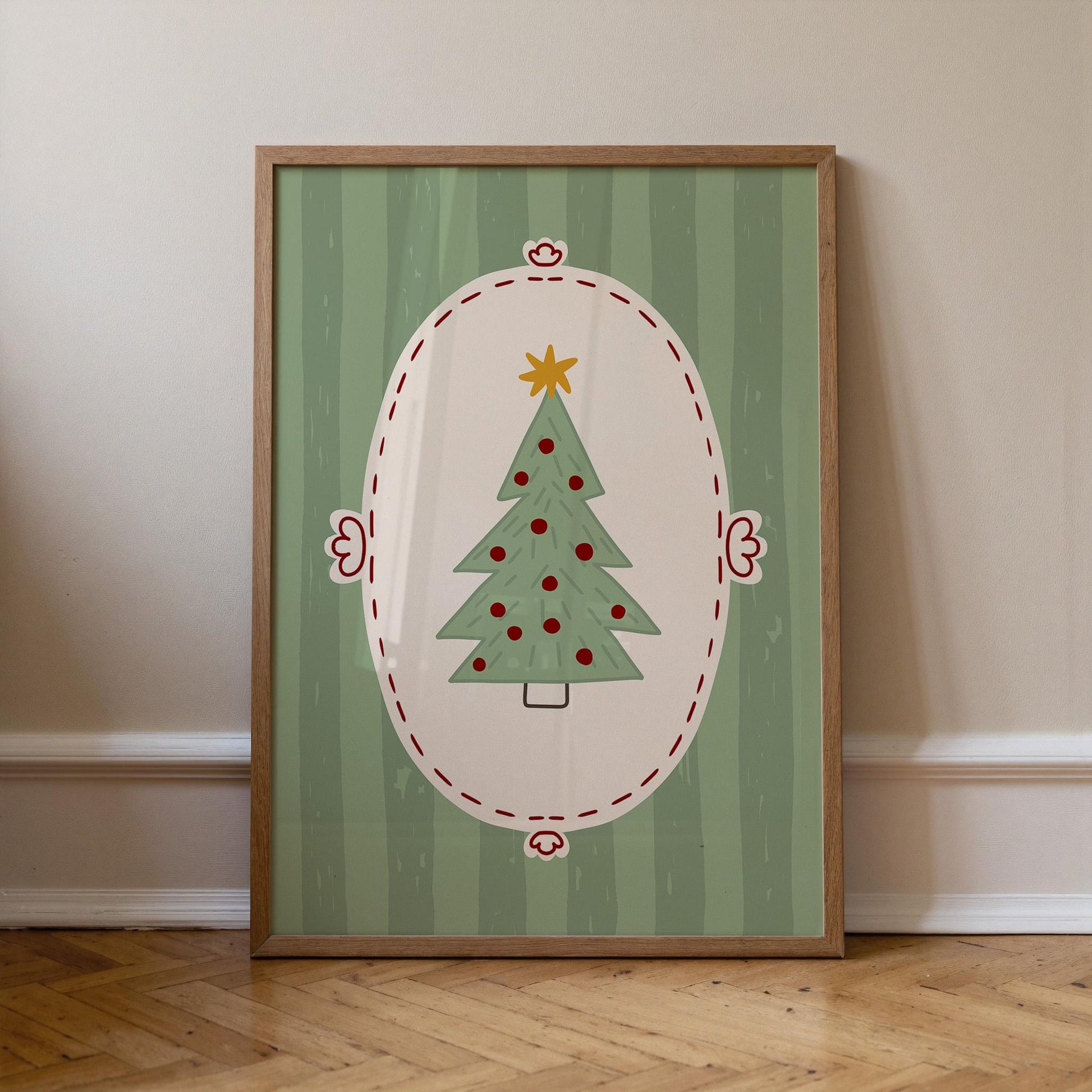 Christmas Tree Wall Art, Scandinavian Holiday Poster, Whimsical Green Christmas Decor for Kids Room, Unframed Print MR50