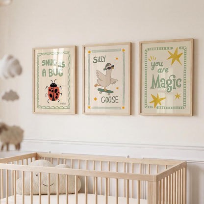 Playroom Wall Art, Nursery Decor, Silly Goose, You Are Magic, Snug Bug, Kids Room Print Set of 3 (ST5)