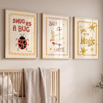 Playroom Wall Art, Nursery Decor, Silly Goose, You Are Magic, Snug Bug, Kids Room Print Set of 3 (ST5)