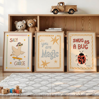 Playroom Wall Art, Nursery Decor, Silly Goose, You Are Magic, Snug Bug, Kids Room Print Set of 3 (ST5)