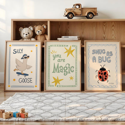 Playroom Wall Art, Nursery Decor, Silly Goose, You Are Magic, Snug Bug, Kids Room Print Set of 3 (ST5)