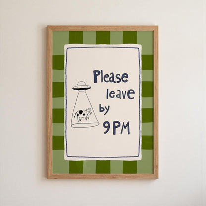 Please Leave by 9PM Wall Art, Funny Alien Cow Print, Introvert Home Decor (MR129)