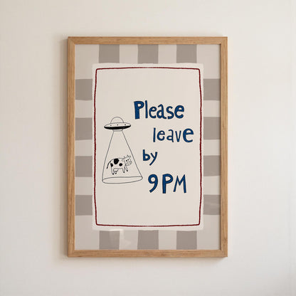 Please Leave by 9PM Wall Art, Funny Alien Cow Print, Introvert Home Decor (MR129)